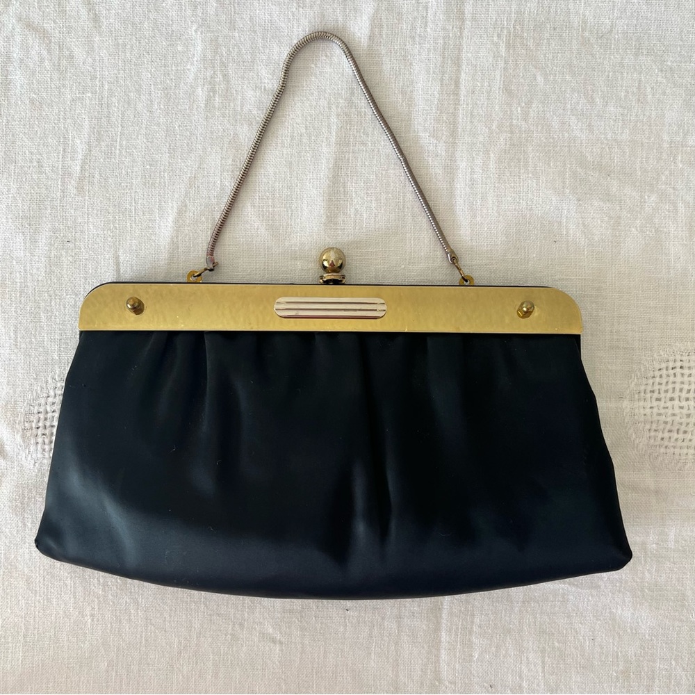 Vintage black fabric clutch with metal handle  copper fabric lining